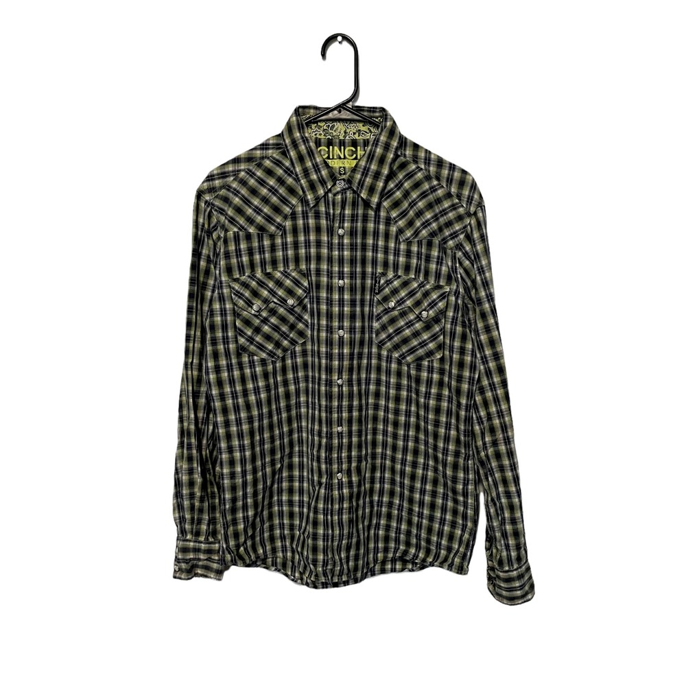 Cinch Western Shirt Mens Small Navy Yellow Plaid Modern Fit Pearl Snap Cotton